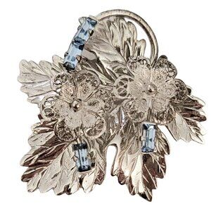 Carl Art Sterling Silver Blue Baguette Spun Filigree Dimensional Flower Pin